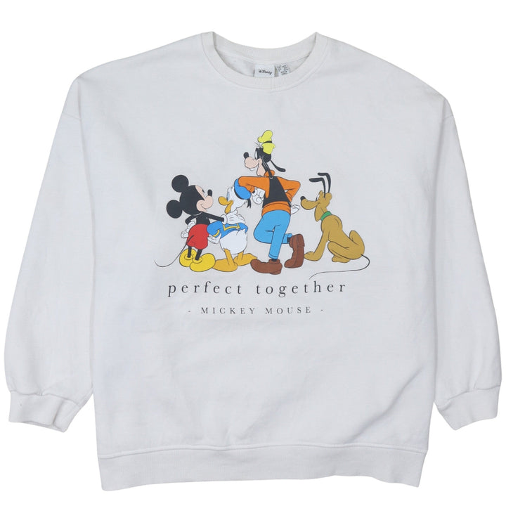 Disney Women White L Mickey Mouse Crew Neck Pullover Sweatshirt