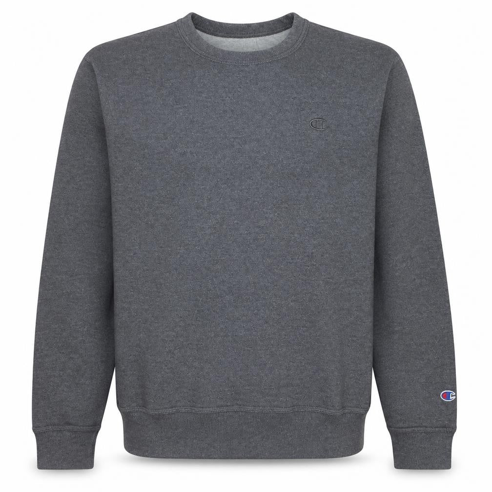 Front view of Champion Men's Grey Crew Neck Pullover Sweatshirt, size L