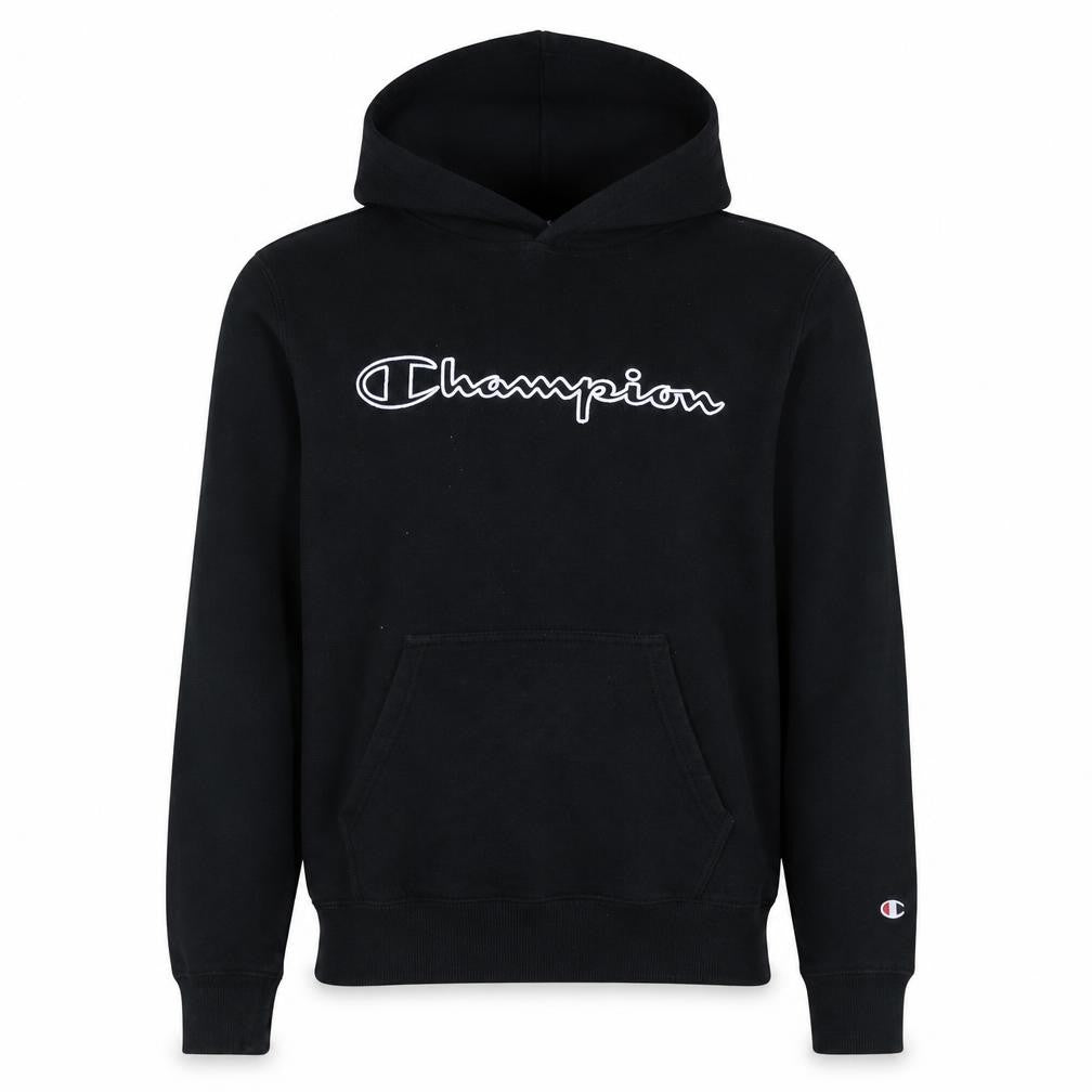 Front view of Champion Men's Black Medium Pullover Hoodie with Logo