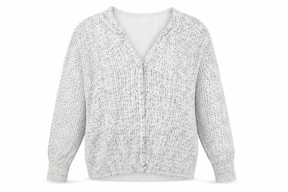 Front view of LEO & UGO women’s grey knit cardigan, size UK 12, long sleeve