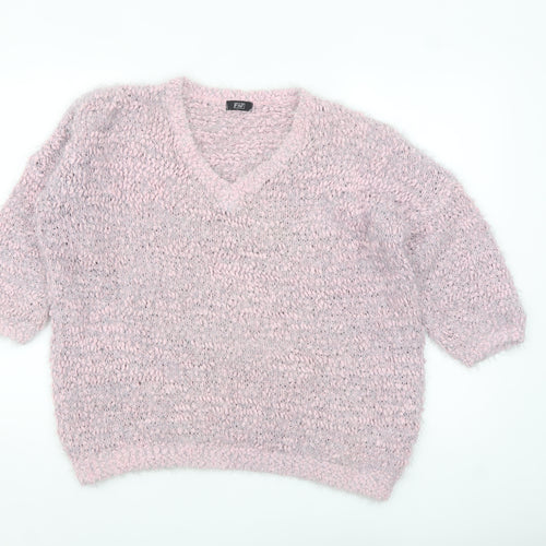 F&F Women’s Pink Chunky Knit V-Neck Pullover Jumper Size 14