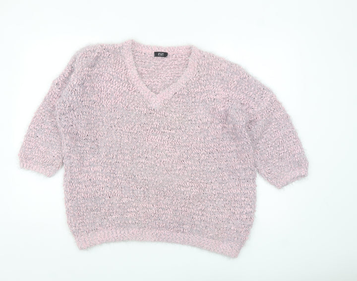 F&F Women’s Pink Chunky Knit V-Neck Pullover Jumper Size 14
