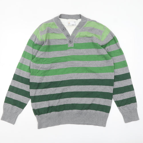 Next Mens Green Grey Striped Henley Jumper Size L Cotton Knit