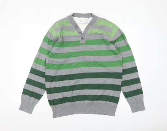 Next Mens Green Grey Striped Henley Jumper Size L Cotton Knit
