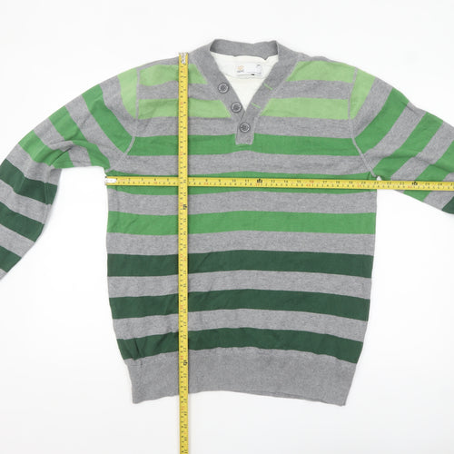 Next Mens Green Grey Striped Henley Jumper Size L Cotton Knit