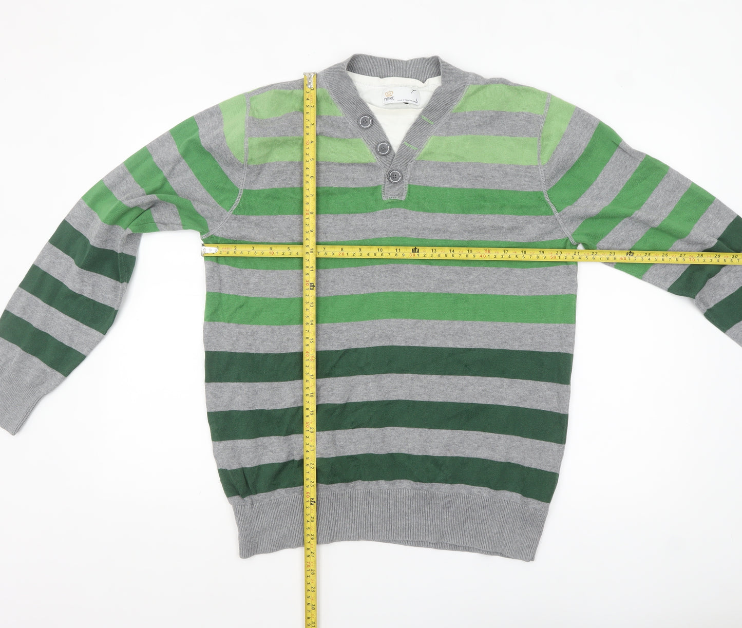 Next Mens Green Grey Striped Henley Jumper Size L Cotton Knit