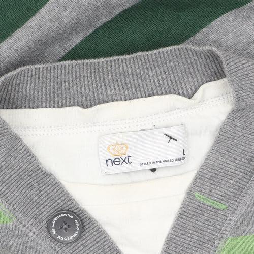 Next Mens Green Grey Striped Henley Jumper Size L Cotton Knit