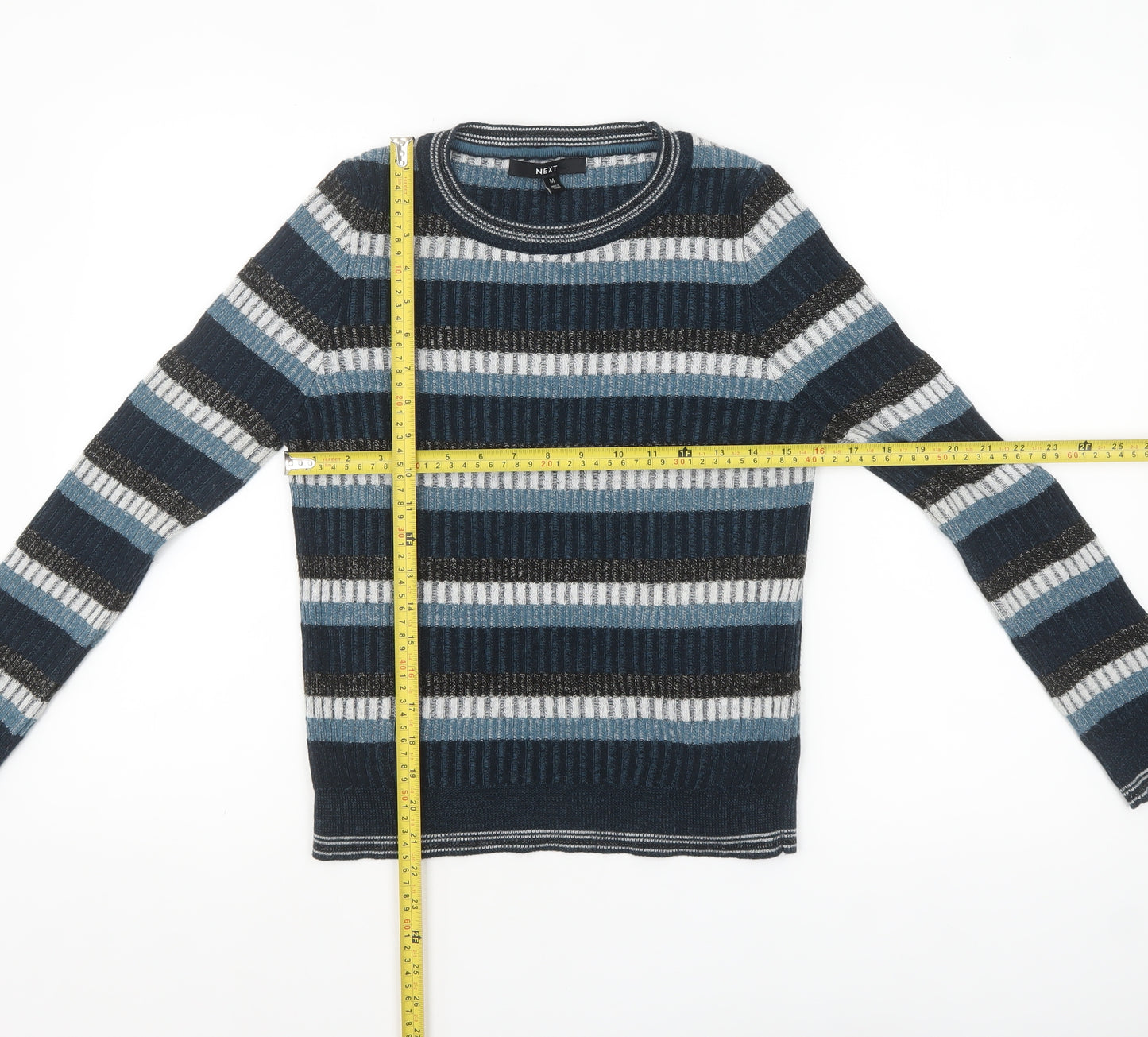Next Women Blue Striped Acrylic Crew Neck Jumper Size 12