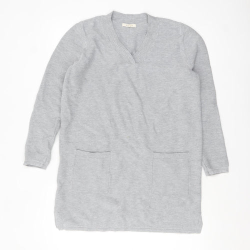 White Stuff Women's Grey V-Neck Tunic Jumper UK 12 Cotton Wool Blend