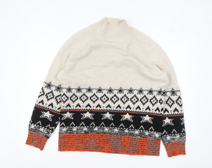 White Stuff Women’s Beige Wool Fair Isle High Neck Jumper Size 14