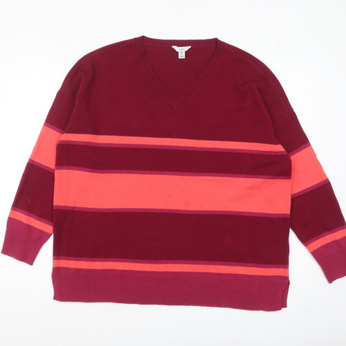 M&Co Women’s Red Striped V-Neck Pullover Jumper Size 16