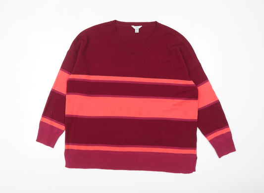 M&Co Women’s Red Striped V-Neck Pullover Jumper Size 16