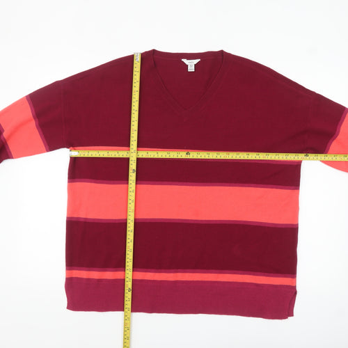 M&Co Women’s Red Striped V-Neck Pullover Jumper Size 16