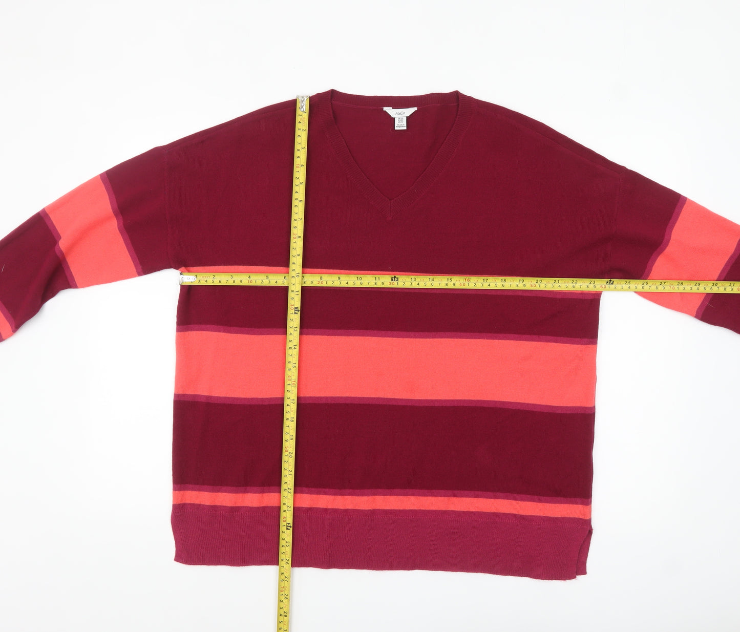 M&Co Women’s Red Striped V-Neck Pullover Jumper Size 16