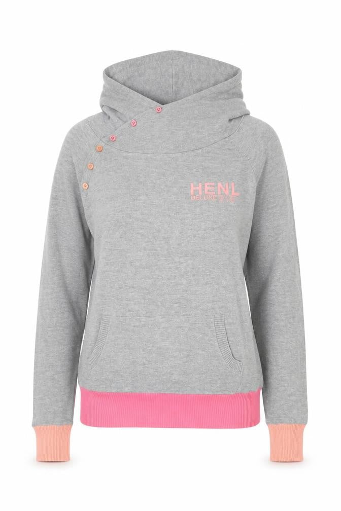 Front view of Henleys women’s grey high neck hooded jumper, size S
