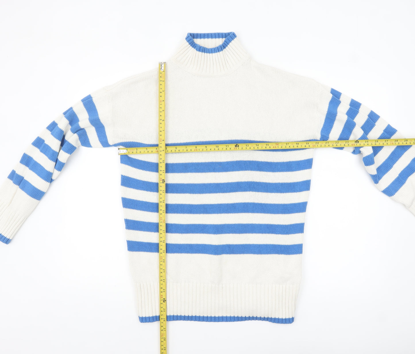 Nutmeg Women Blue White Striped High Neck Cotton Jumper Size 10
