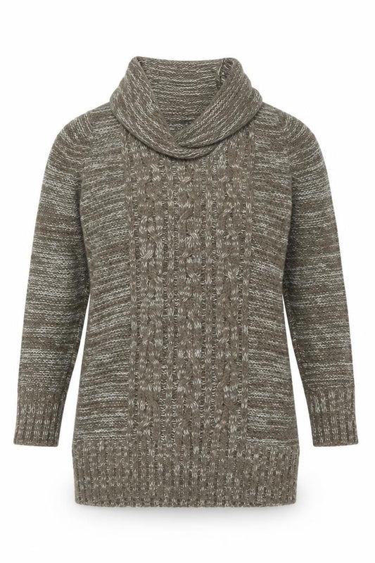 Front view of Papaya Women’s Brown Cowl Neck Cable-Knit Jumper, size UK 12, Acrylic Knitwear