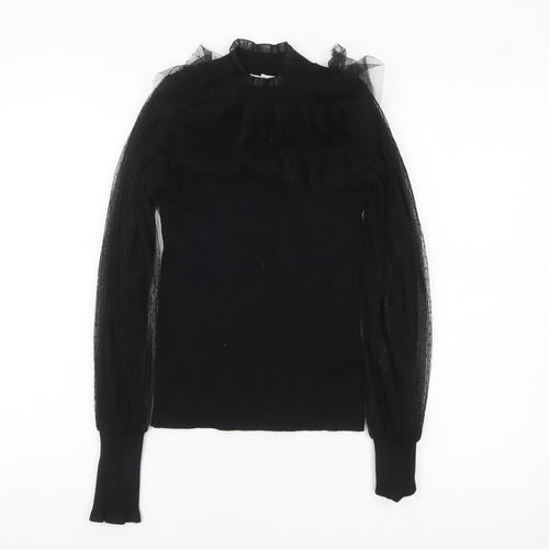 Morgan Women’s Black High Neck Sheer Sleeve Ruffle Jumper Size S