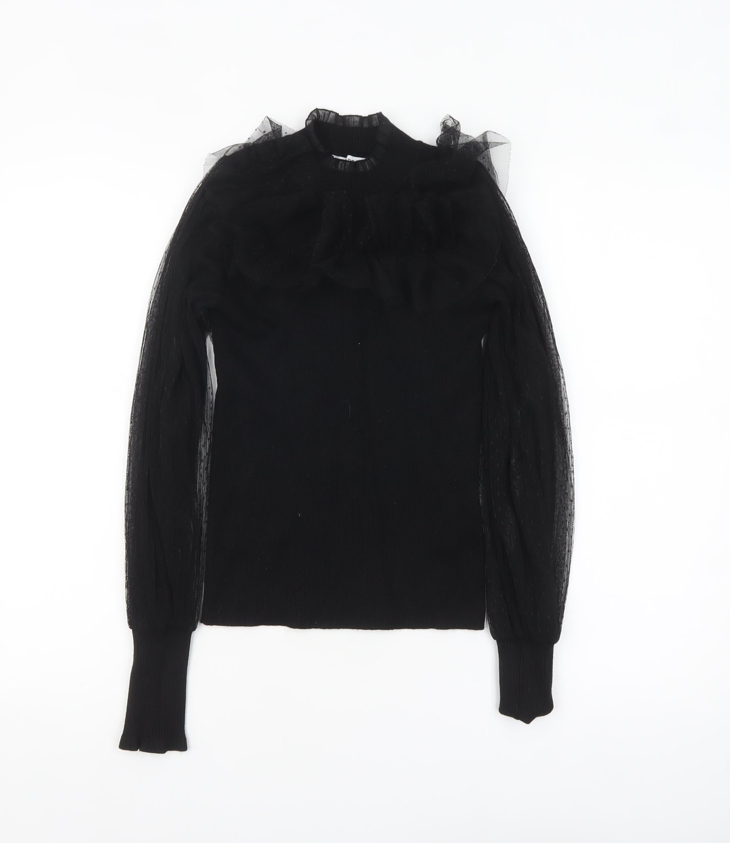 Morgan Women’s Black High Neck Sheer Sleeve Ruffle Jumper Size S