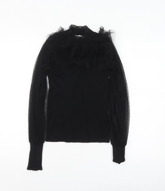 Morgan Women’s Black High Neck Sheer Sleeve Ruffle Jumper Size S