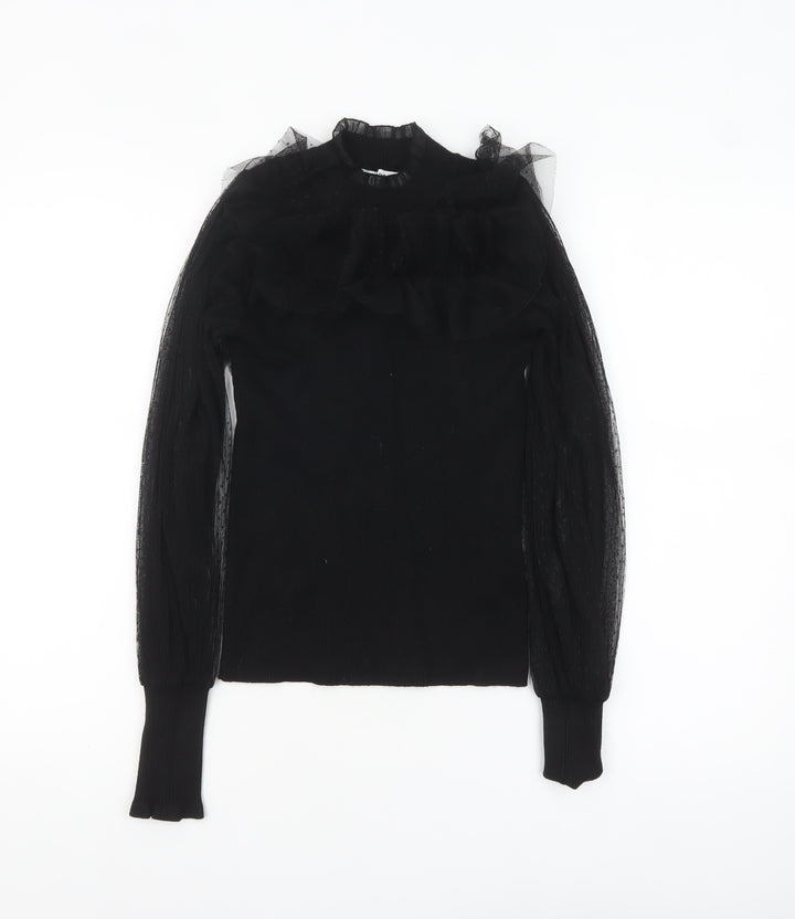Morgan Women’s Black High Neck Sheer Sleeve Ruffle Jumper Size S