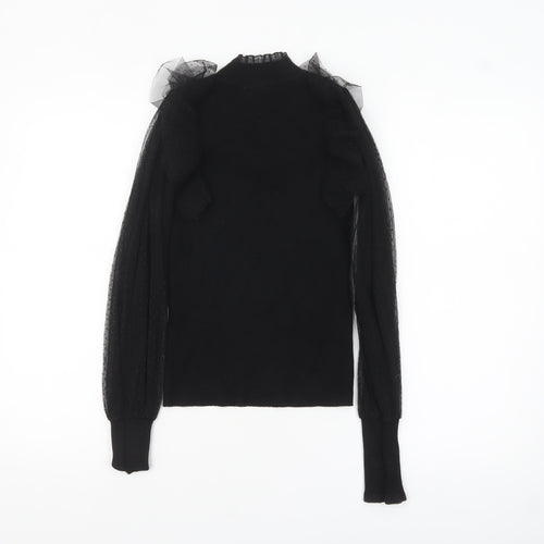 Morgan Women’s Black High Neck Sheer Sleeve Ruffle Jumper Size S
