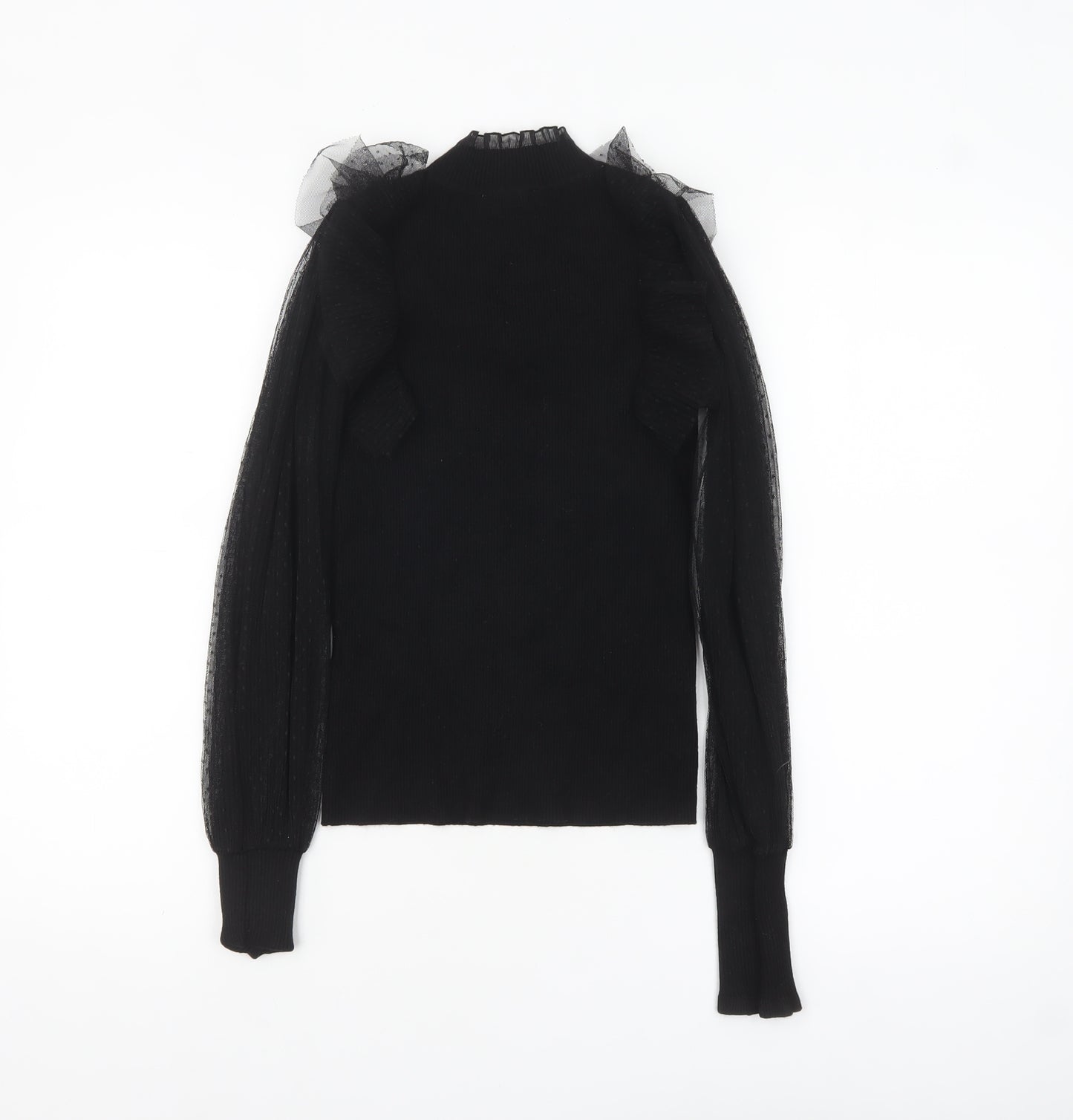 Morgan Women’s Black High Neck Sheer Sleeve Ruffle Jumper Size S