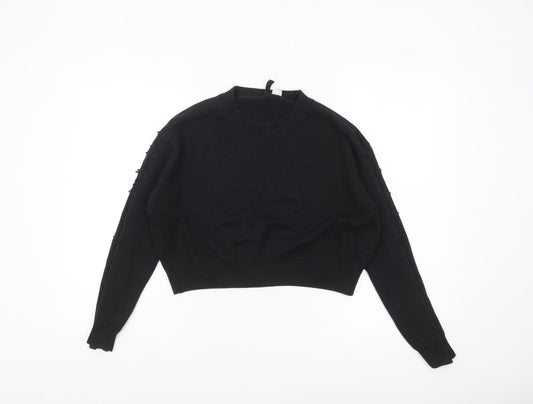 H&M Divided Women's Black Crew Neck Embroidered Knit Jumper Size S