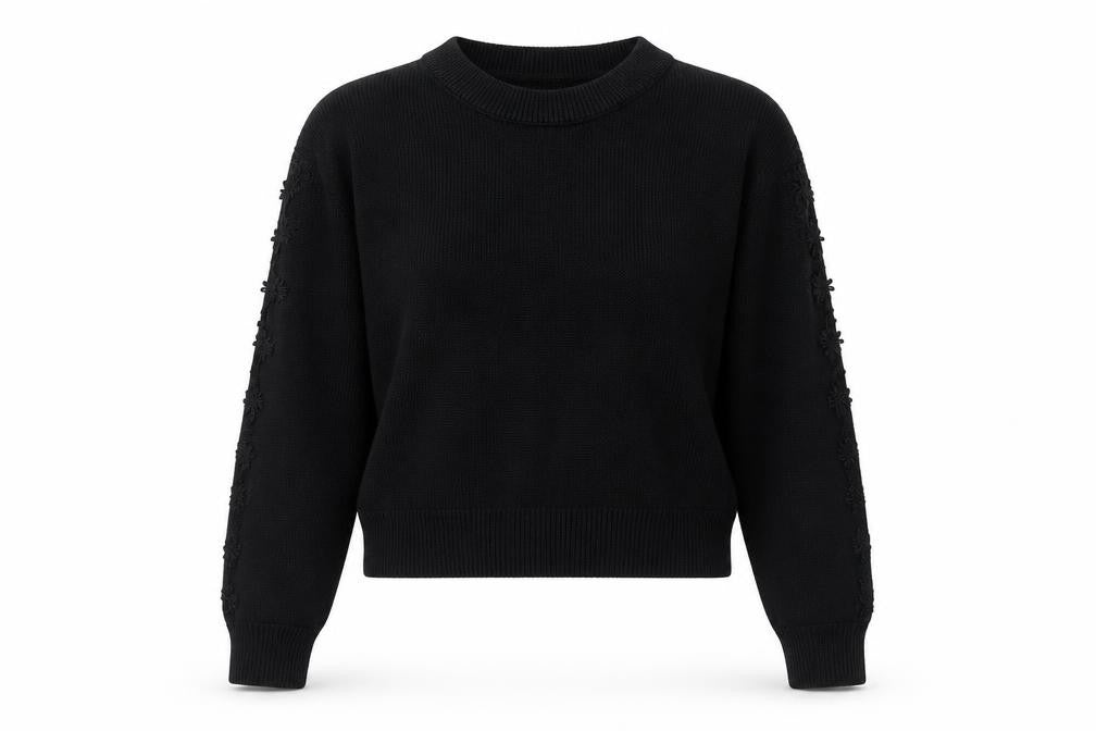 Front view of H&M Divided Women's Black Crew Neck Embroidered Knit Jumper, size S