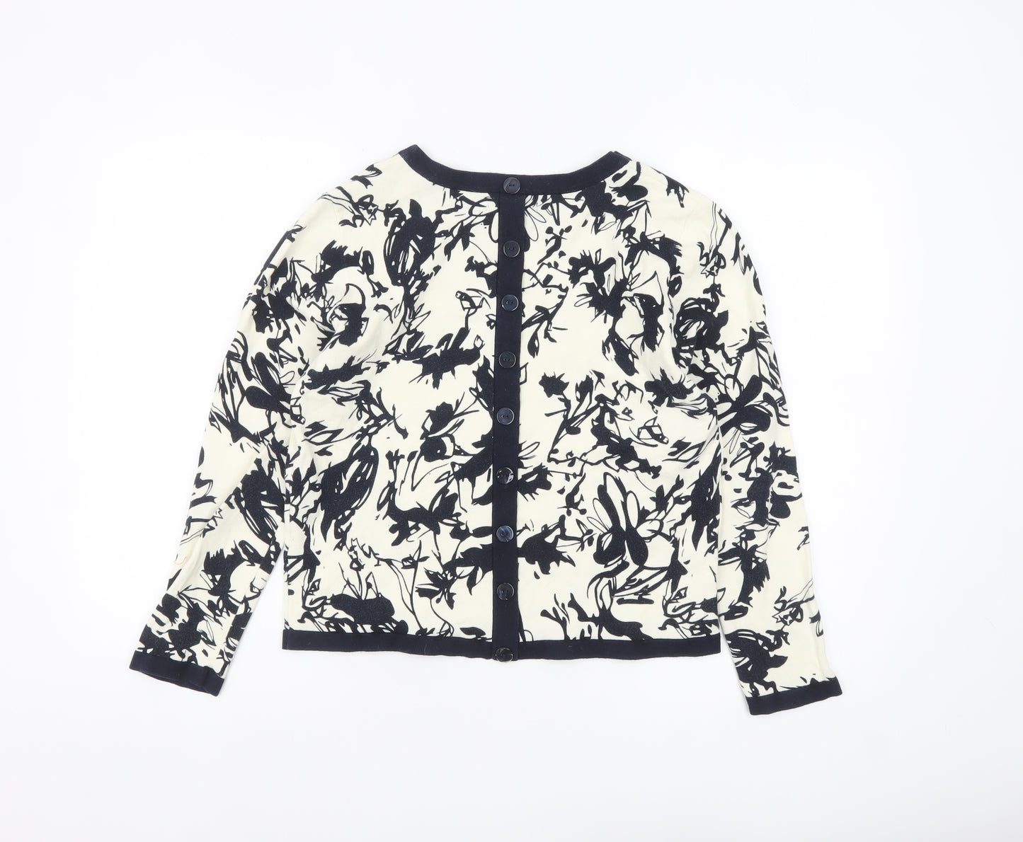 Alice Collins Women's Ivory Black Floral Cotton Cardigan Size 10