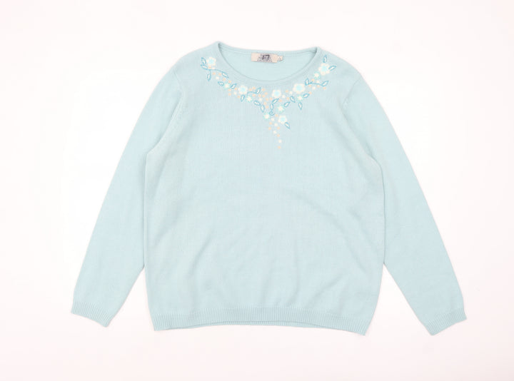 Honor Millburn Women's Blue Floral Embroidered Knit Jumper L 18-20