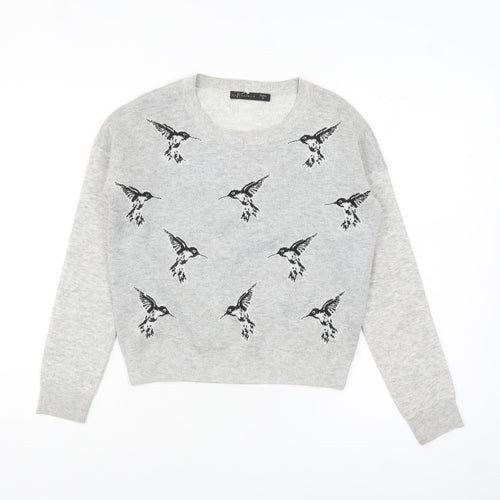 La Chapelle Women’s Grey Bird Print Crew Neck Jumper Size 8