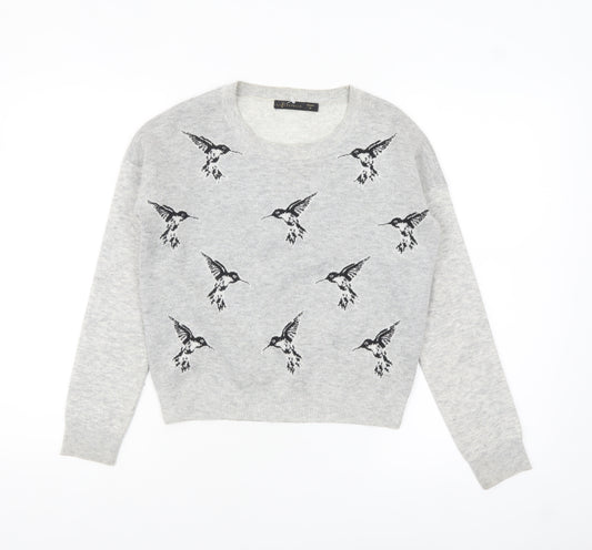 La Chapelle Women’s Grey Bird Print Crew Neck Jumper Size 8