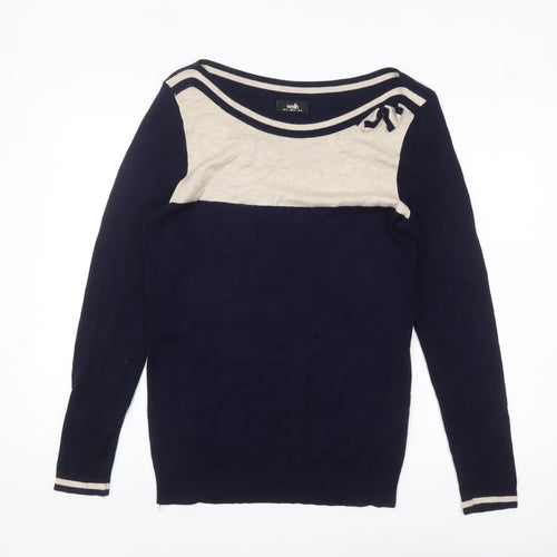 Wallis Women’s Blue Beige Boat Neck Bow Pullover Jumper Size 14