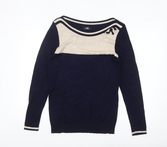 Wallis Women’s Blue Beige Boat Neck Bow Pullover Jumper Size 14
