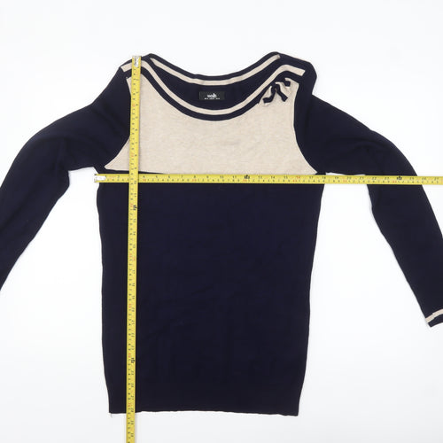 Wallis Women’s Blue Beige Boat Neck Bow Pullover Jumper Size 14