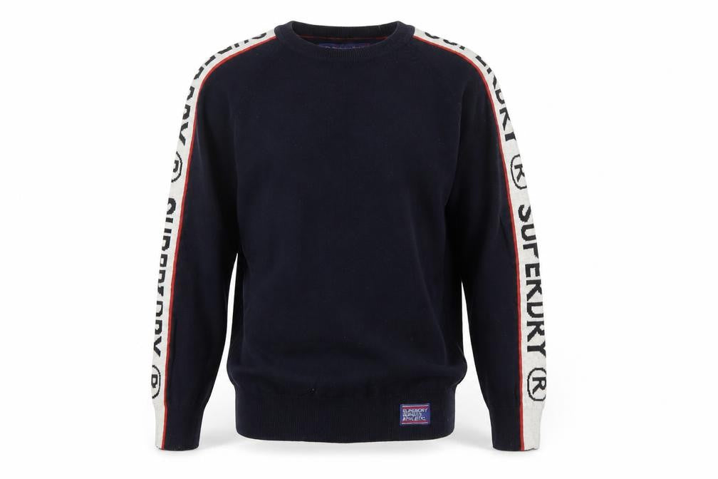Front view of Superdry men’s blue small crew neck cotton jumper