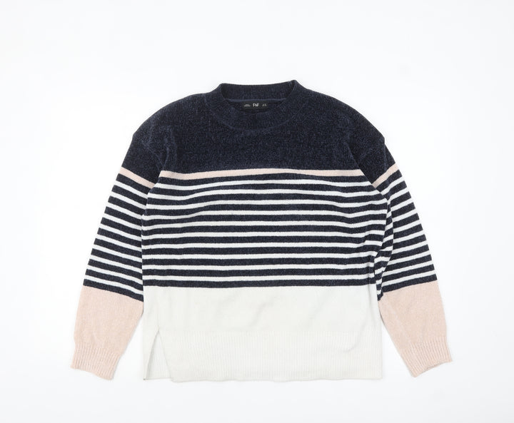 F&F Women's Navy Striped Pullover Jumper UK 10 Classic Knit