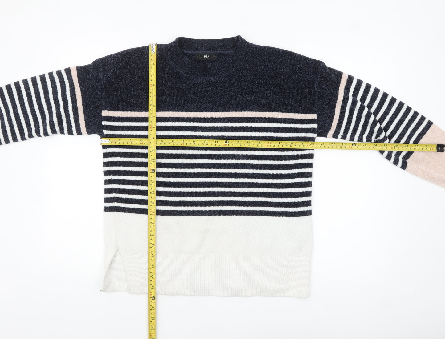 F&F Women's Navy Striped Pullover Jumper UK 10 Classic Knit