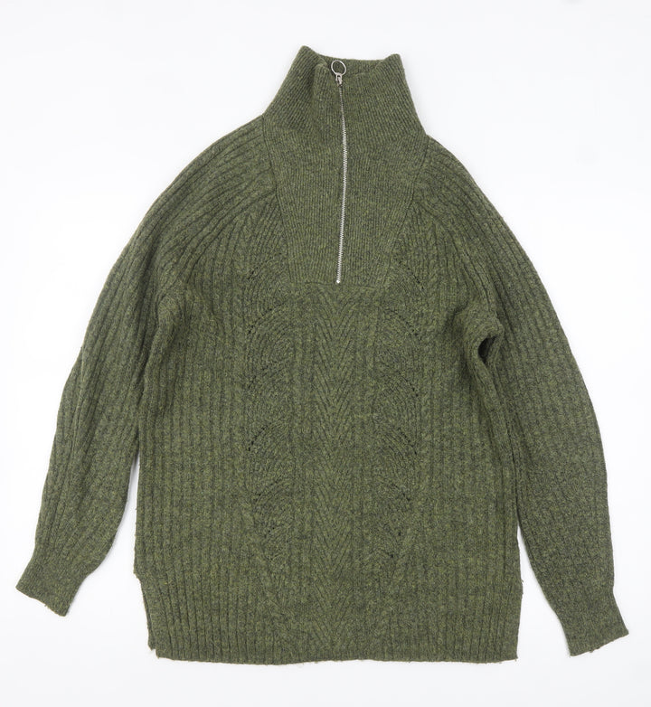 Marks and Spencer Women’s Green High Neck Chunky Knit Half Zip Jumper Size S