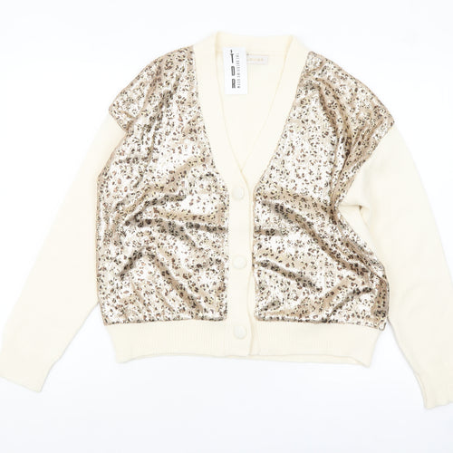 Lamia Womens Beige Sequin Animal Print V-Neck Cardigan One Size
