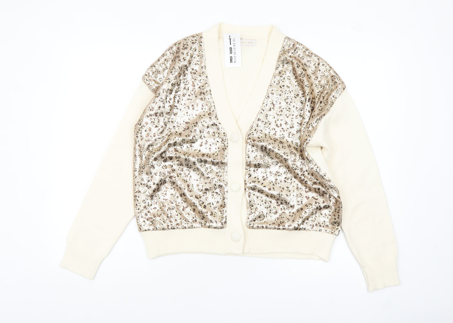 Lamia Womens Beige Sequin Animal Print V-Neck Cardigan One Size