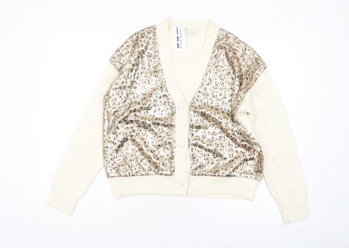 Lamia Womens Beige Sequin Animal Print V-Neck Cardigan One Size