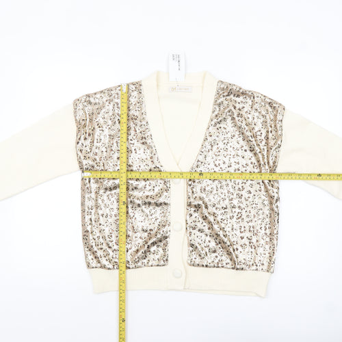 Lamia Womens Beige Sequin Animal Print V-Neck Cardigan One Size