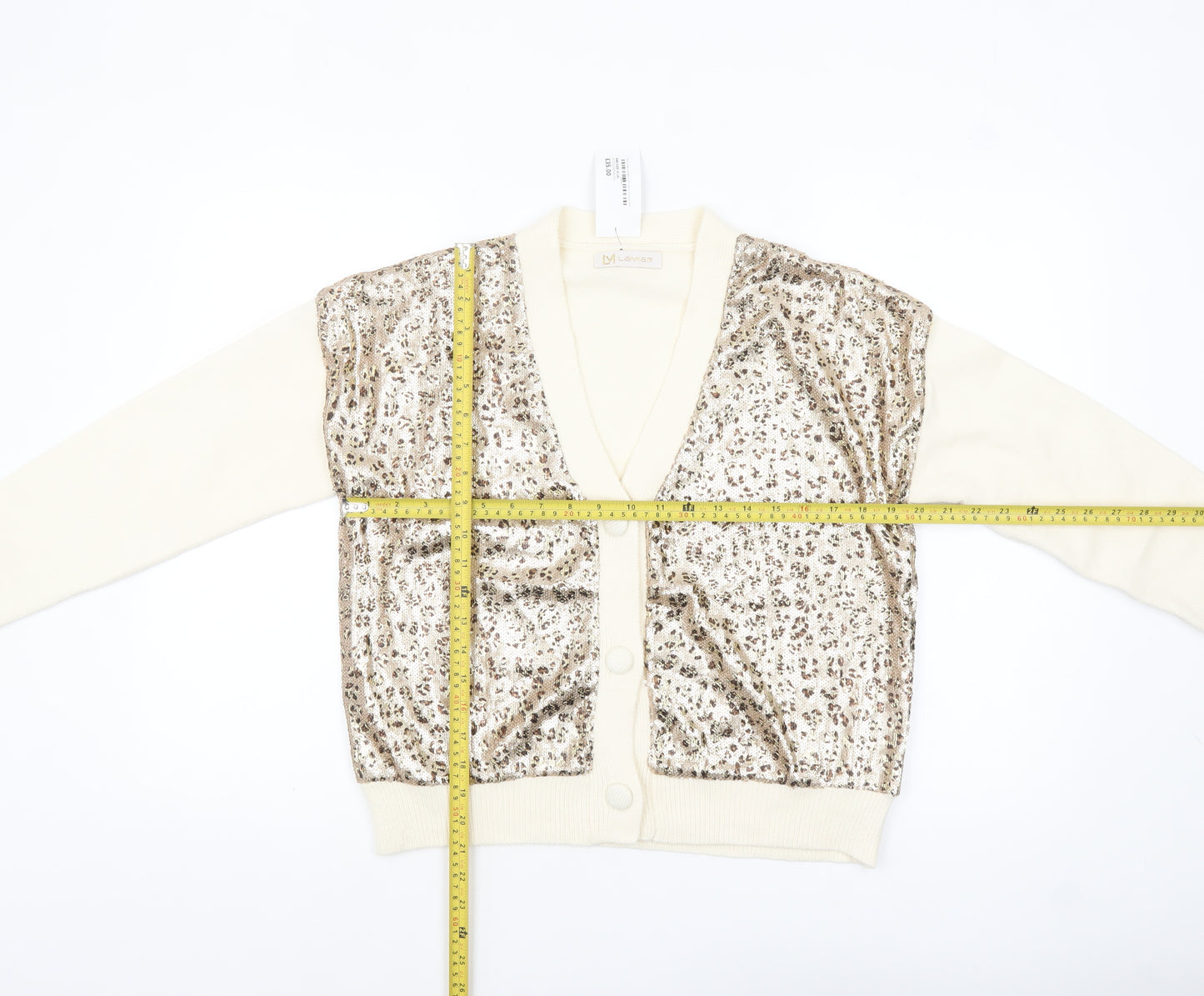 Lamia Womens Beige Sequin Animal Print V-Neck Cardigan One Size