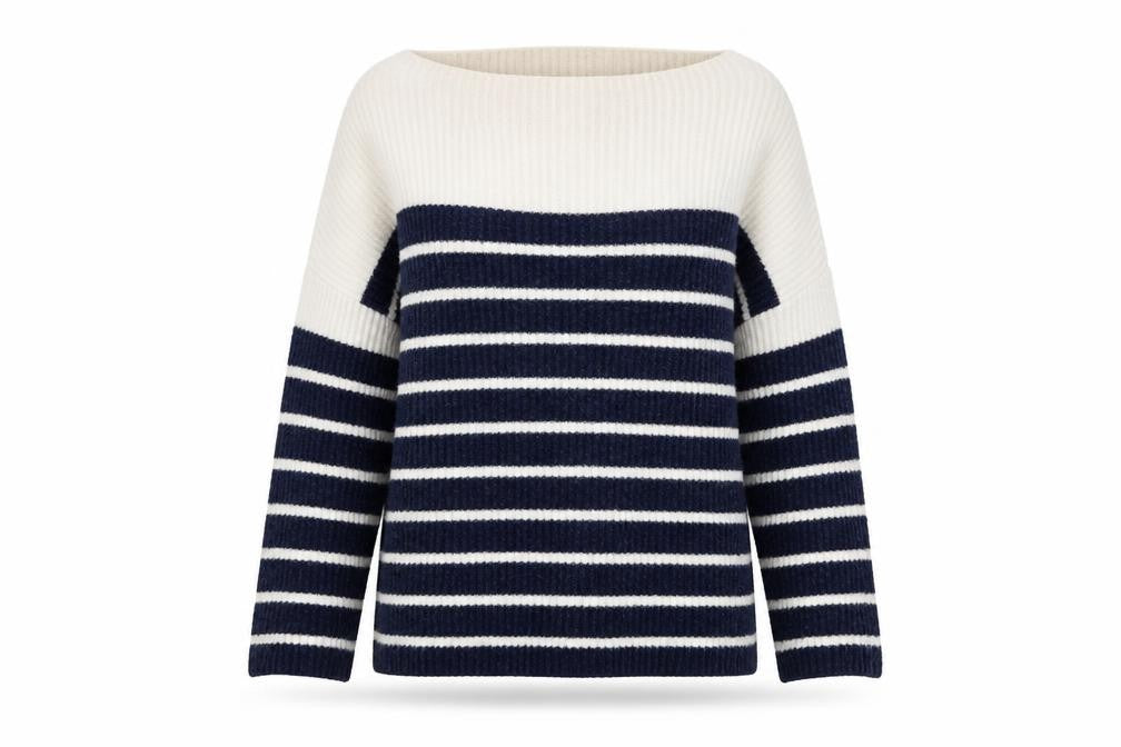 Front view of Marks & Spencer Women Navy Cream Striped Jumper, size 12, Knit Pullover