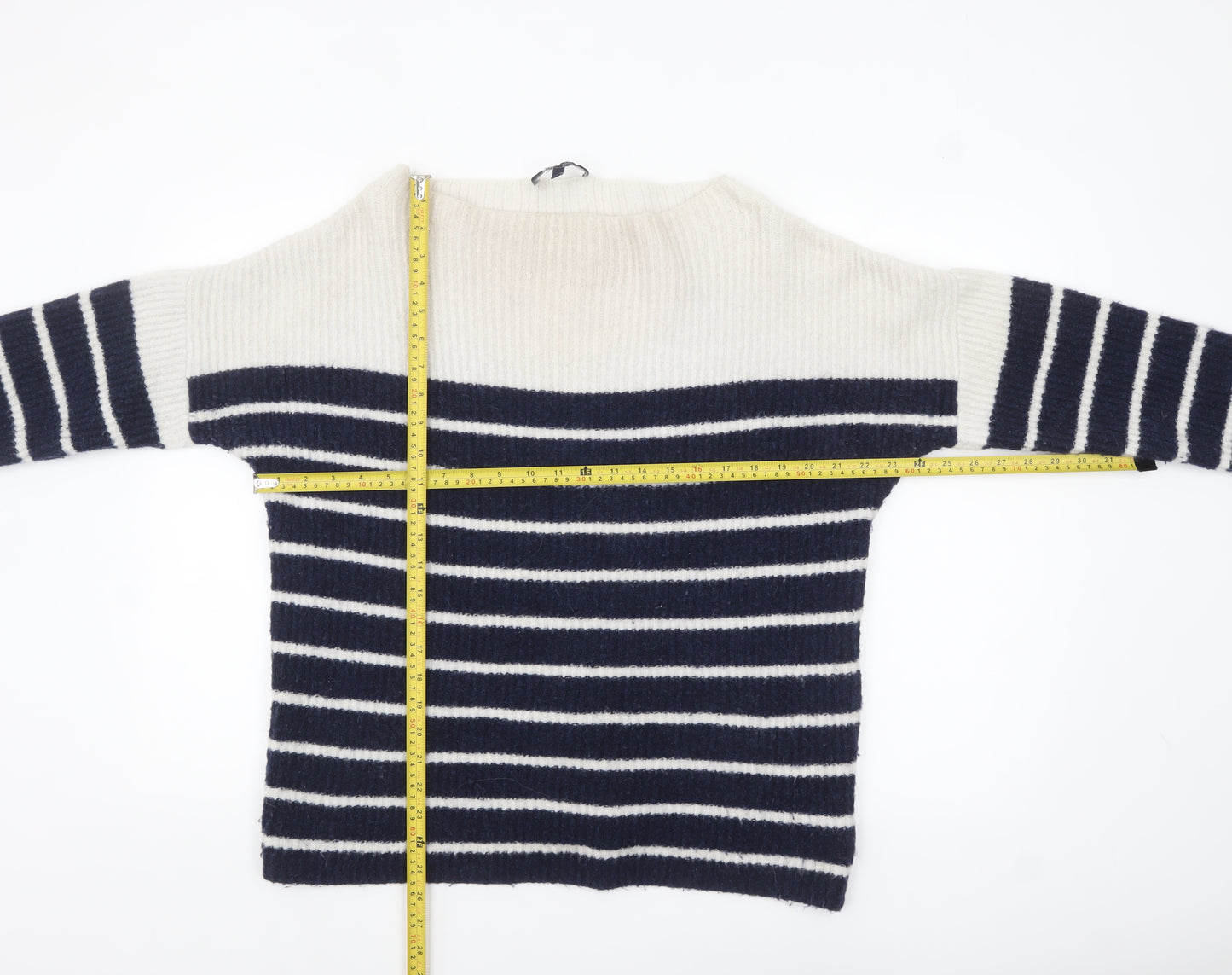 Marks and Spencer Women Navy Cream Striped Jumper Size 12 Knit Pullover