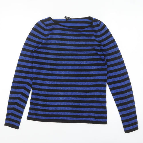 Hobbs Women’s Blue Black Striped Silk Blend Boat Neck Jumper Size 12