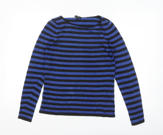 Hobbs Women’s Blue Black Striped Silk Blend Boat Neck Jumper Size 12