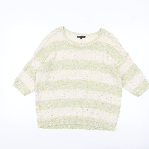 River Island Women Cream Green Striped Sequin Knit Jumper Size 8